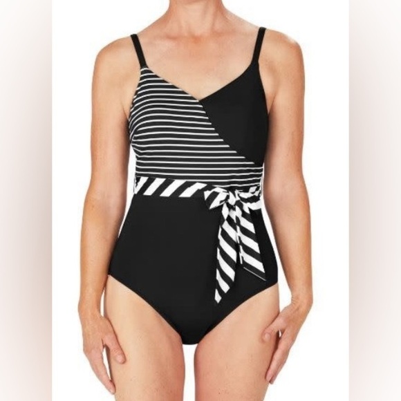 Amoena Infinity Pool Swimsuit Stripe Black White Chic Tie Belt Design - Picture 2 of 15